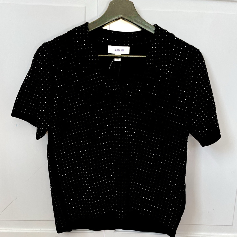 Jason Wu‎ Black Embellished Ribbed Polo Sweater Short Sleeve Studded JW53302 S/P